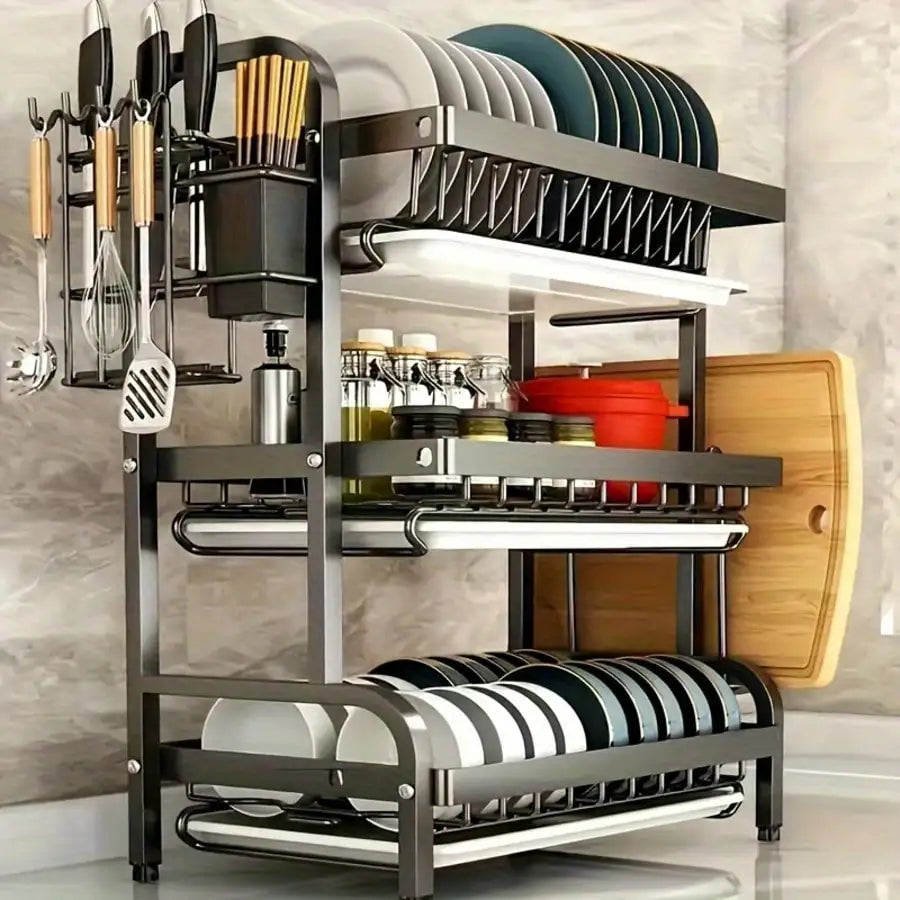 3-Tier Space-Saving Metal Dish Rack And Utensil Organizer