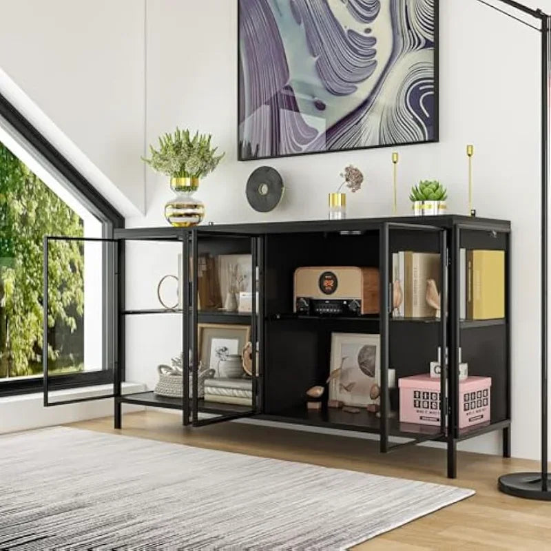 Glass Shelves 4 Compartments Sideboard Buffet Metal Legs Display Cabinet
