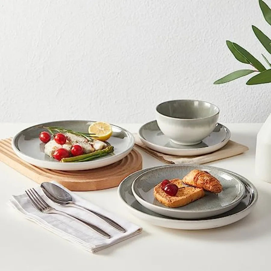 Gradient Green Stoneware Dinnerware Set 12 Piece Handmade Ceramic