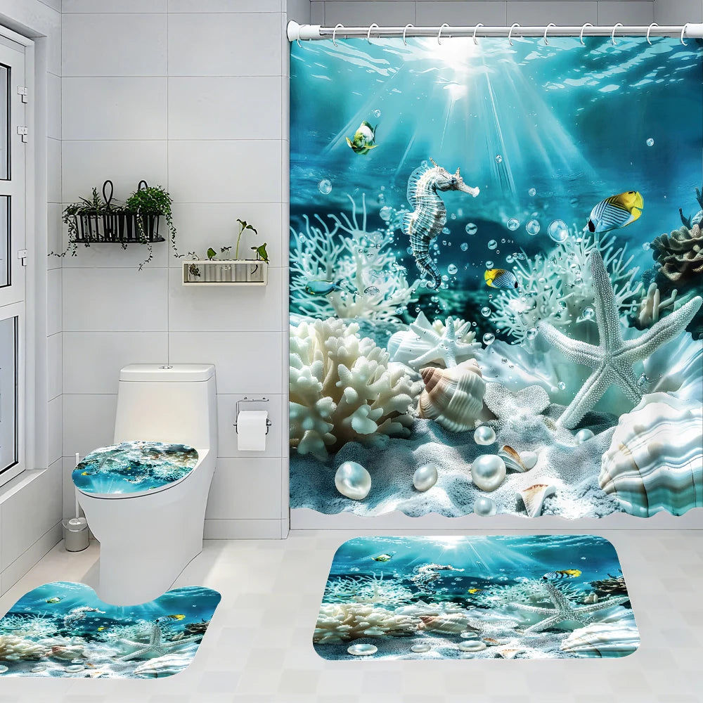Ocean Bathroom Four Piece Set Waterproof Shower Curtain Kit