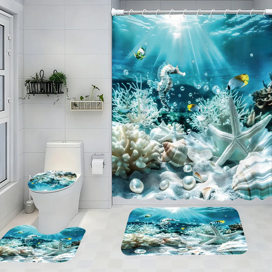 Ocean Bathroom Four Piece Set Waterproof Shower Curtain Kit