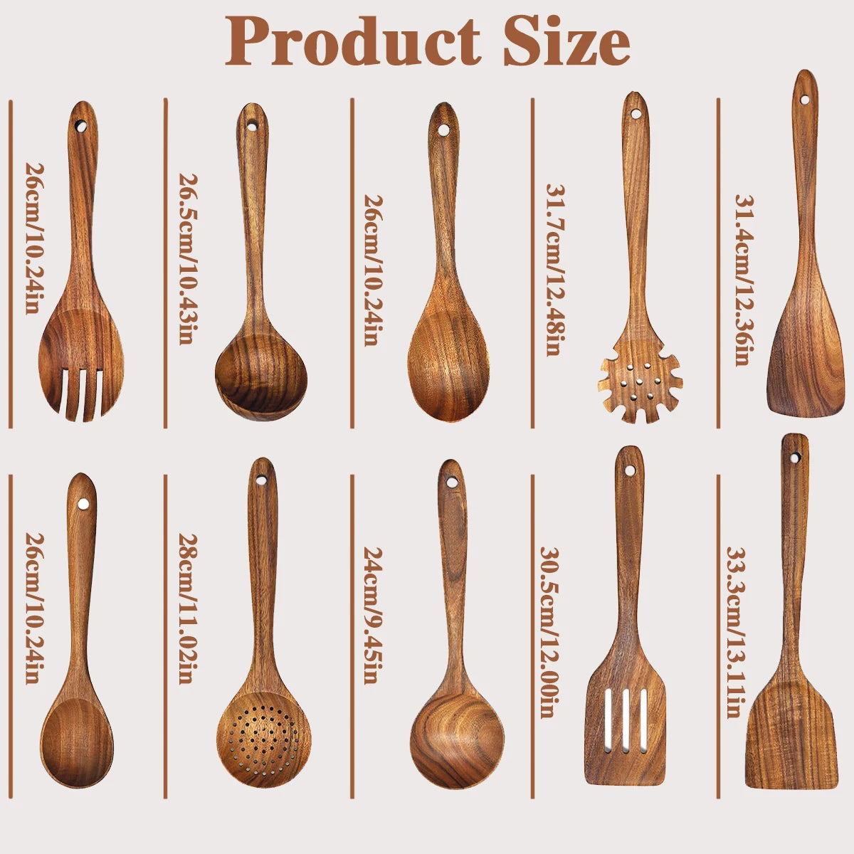 10 Piece Wooden Kitchen Utensils Set For Cooking And Stirring