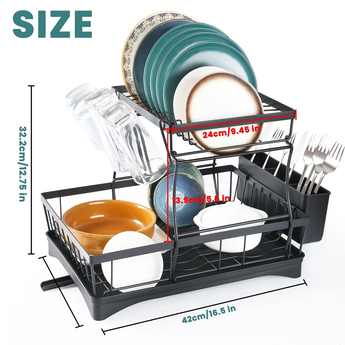 Two-Tier Dish Drying Rack For Kitchen Countertop, Removable