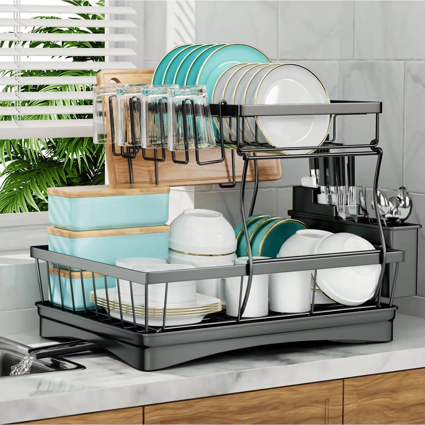 Two-Tier Dish Drying Rack For Kitchen Countertop, Removable