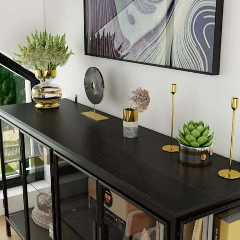 Glass Shelves 4 Compartments Sideboard Buffet Metal Legs Display Cabinet