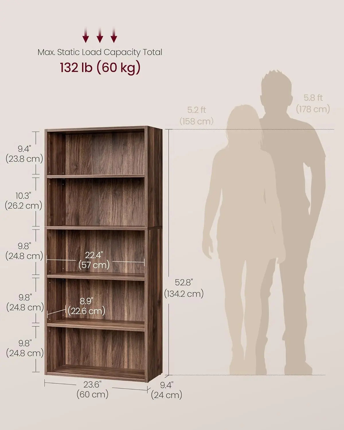 Minimalist 5-Tier Wood Bookcase for Living Room and Home Office