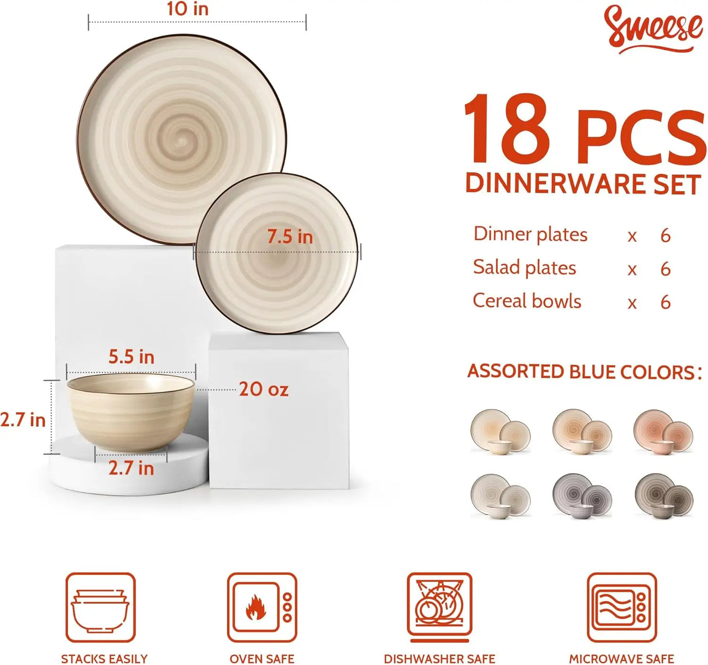 XMSJ 18 Piece Porcelain Dinnerware Set For 6 Plates Bowls