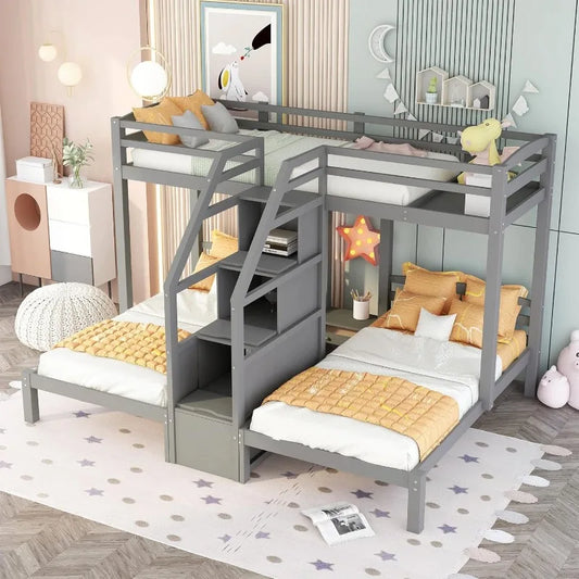 Triple Bunk Bed With Twin Over Twin And Storage Staircase