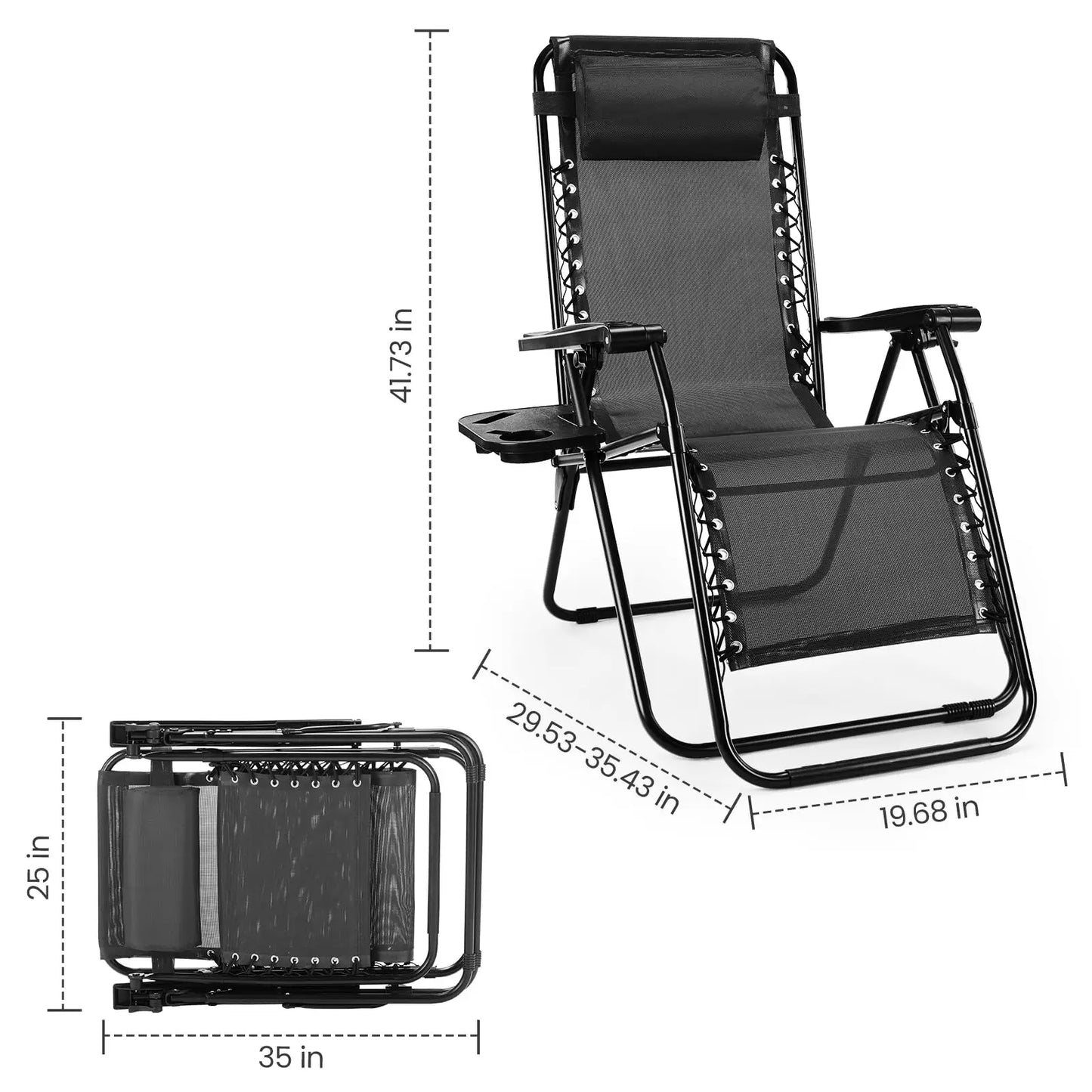 JHK Zero Gravity Set Of 2 Portable Recliner Lounge Chairs With Cup Holder Trays