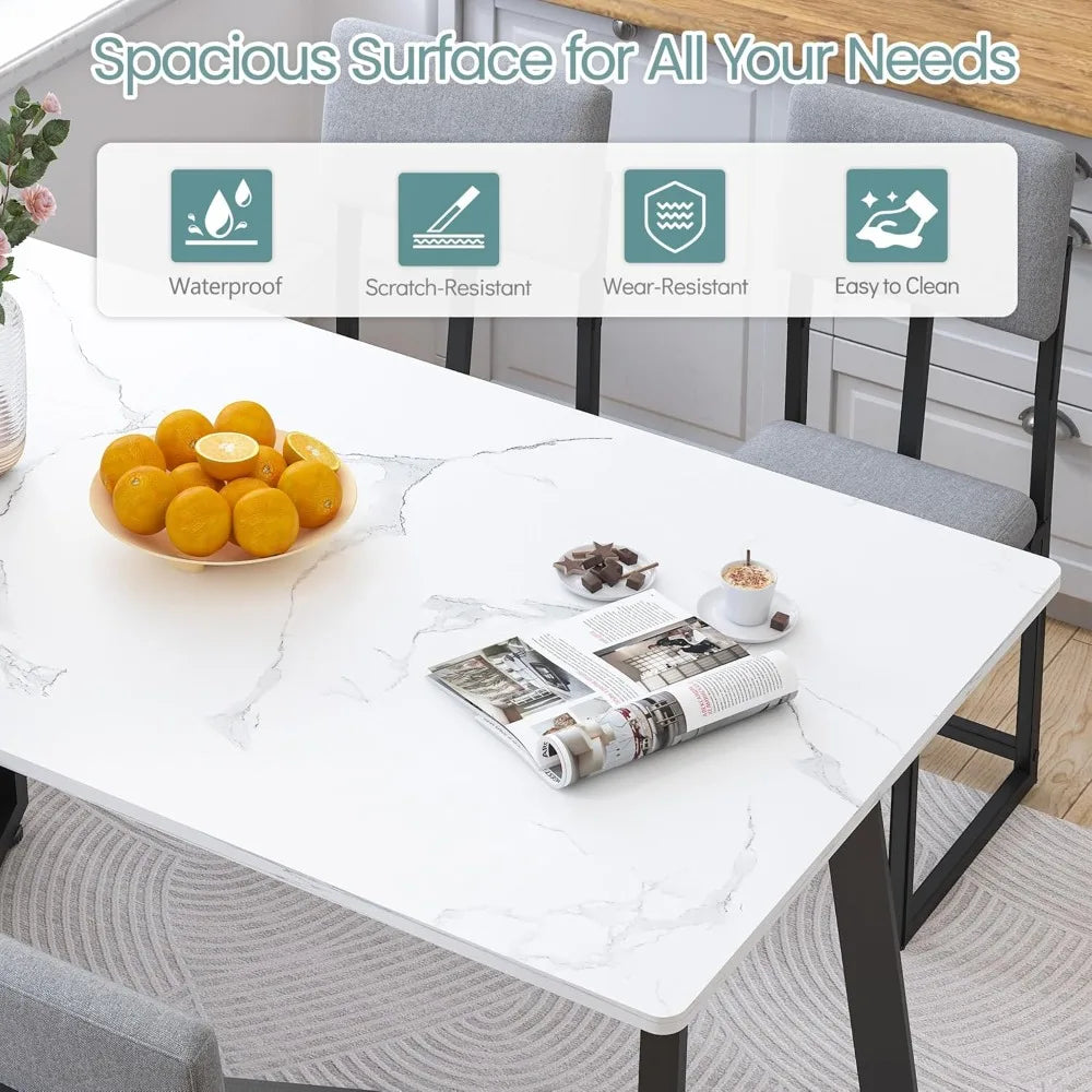 5-Piece Dining Set Faux Marble Table With Linen Upholstered Chairs