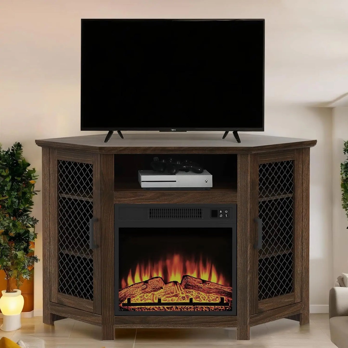 Corner Fireplace TV Stand Farmhouse Entertainment Center With Electric Fireplace