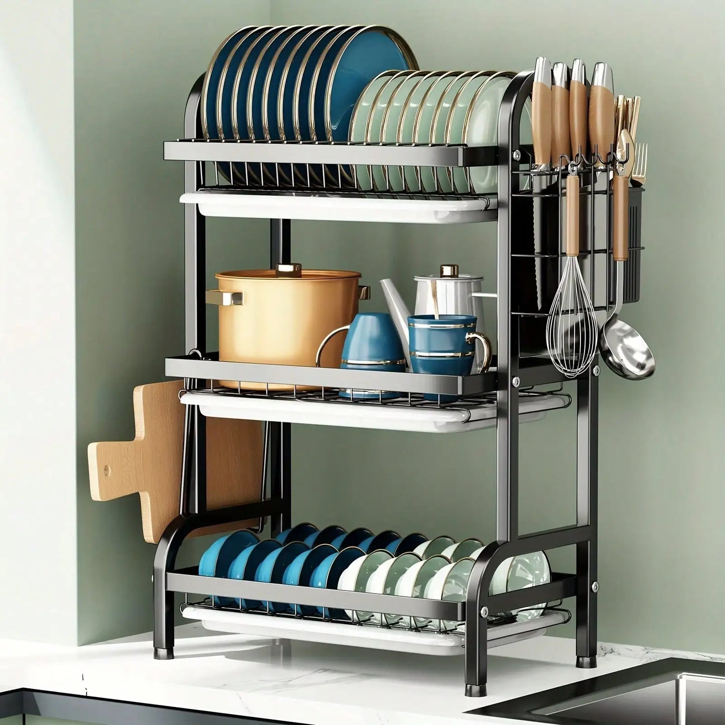 3-Tier Space-Saving Metal Dish Rack And Utensil Organizer