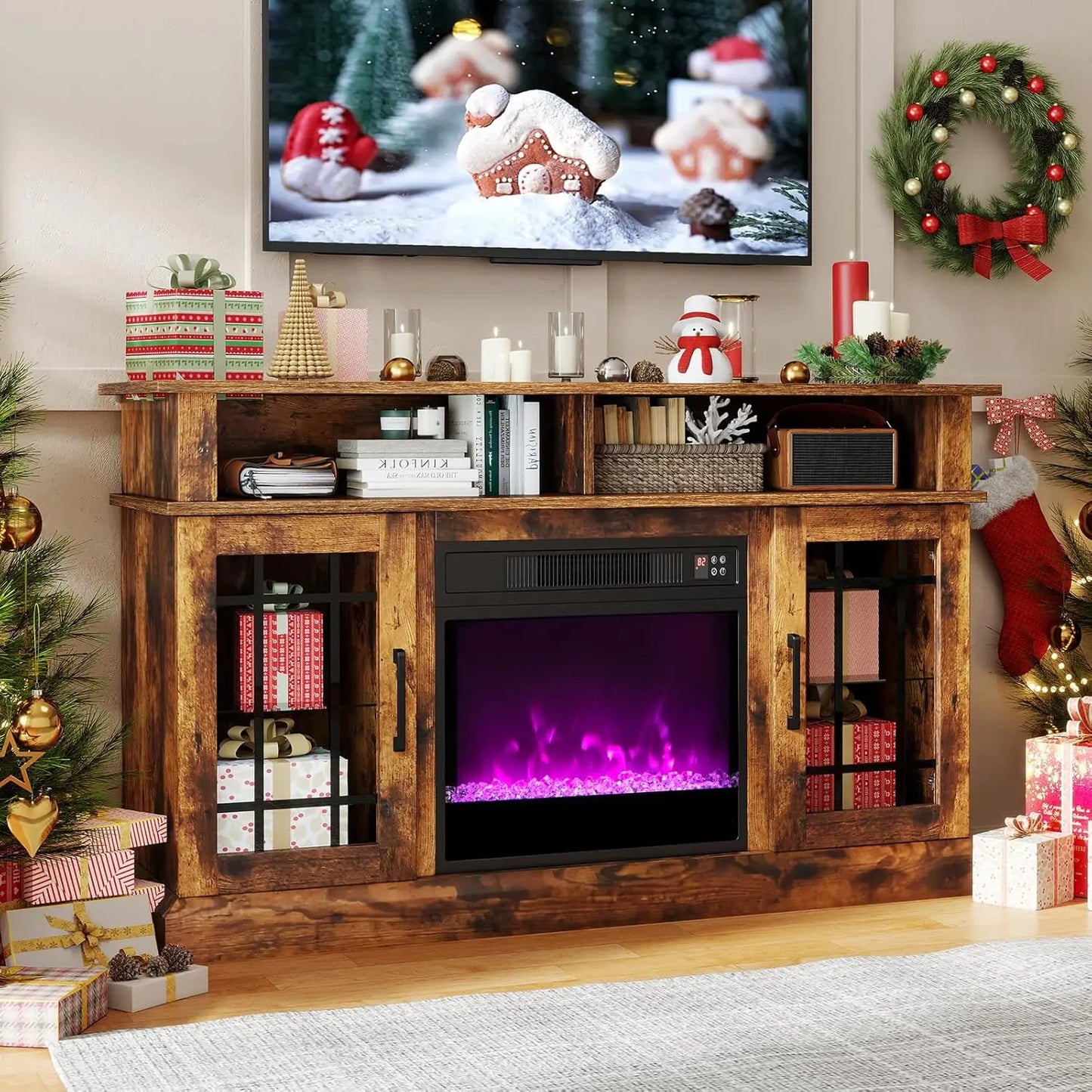 Rustic Electric Fireplace TV Stand With LED Lights And Remote