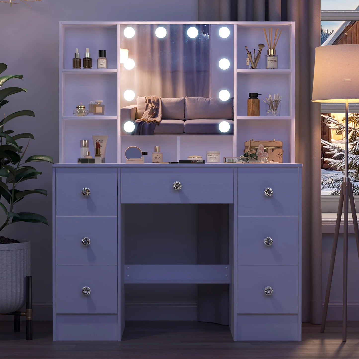 General Use Refined Oak Makeup Vanity With LED Mirror And Shelves