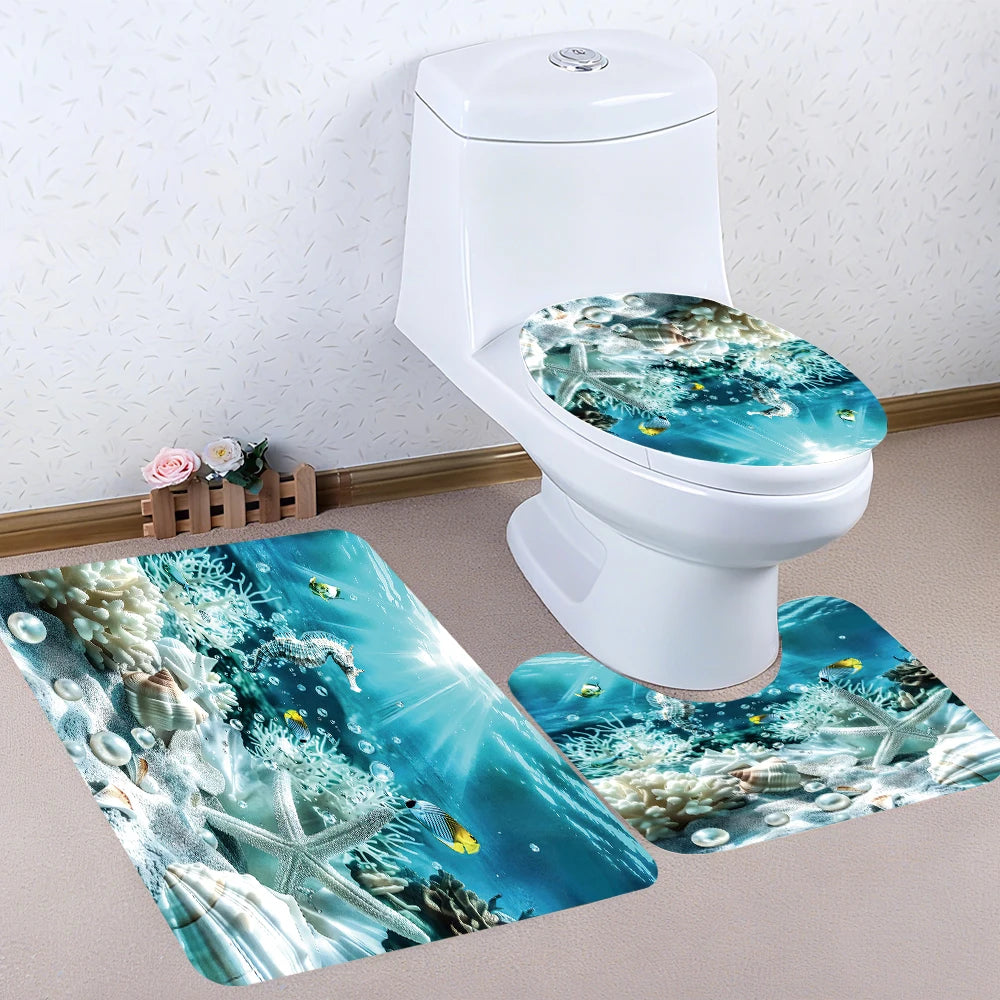 Ocean Bathroom Four Piece Set Waterproof Shower Curtain Kit