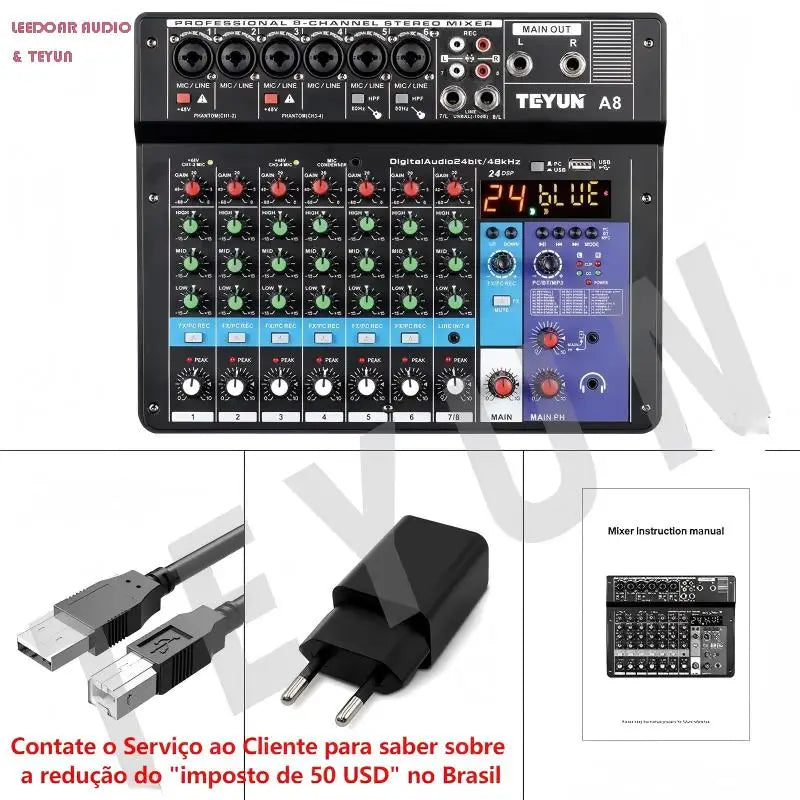 TEYUN 8 Channel DJ Mixer With 24 DSP Effects Bluetooth