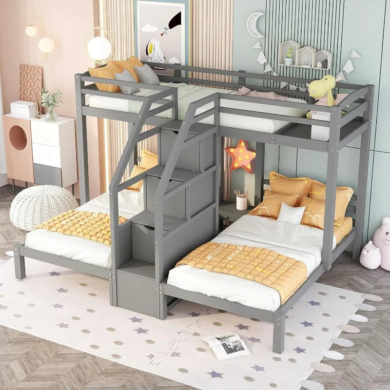 Triple Bunk Bed With Twin Over Twin And Storage Staircase