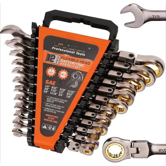 12 Piece SAE Flex Head Ratcheting Wrench Set With Organizer