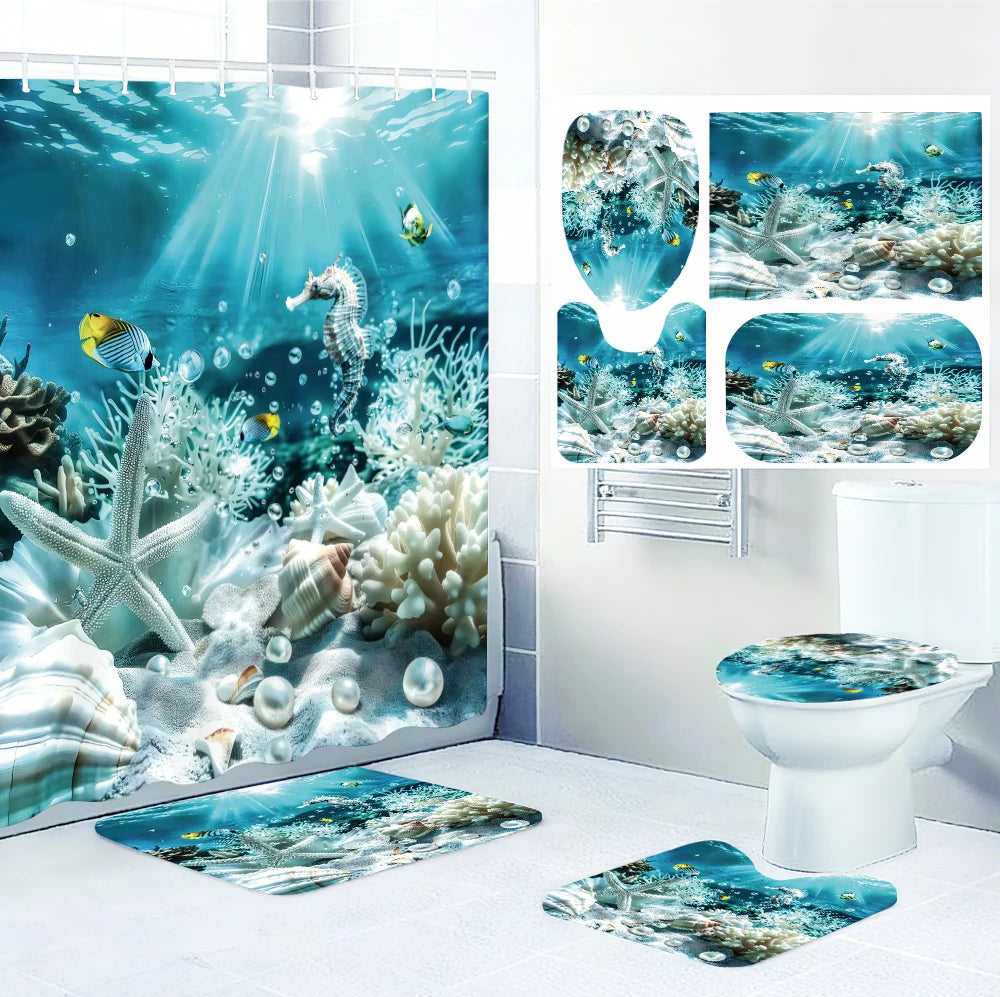 Ocean Bathroom Four Piece Set Waterproof Shower Curtain Kit