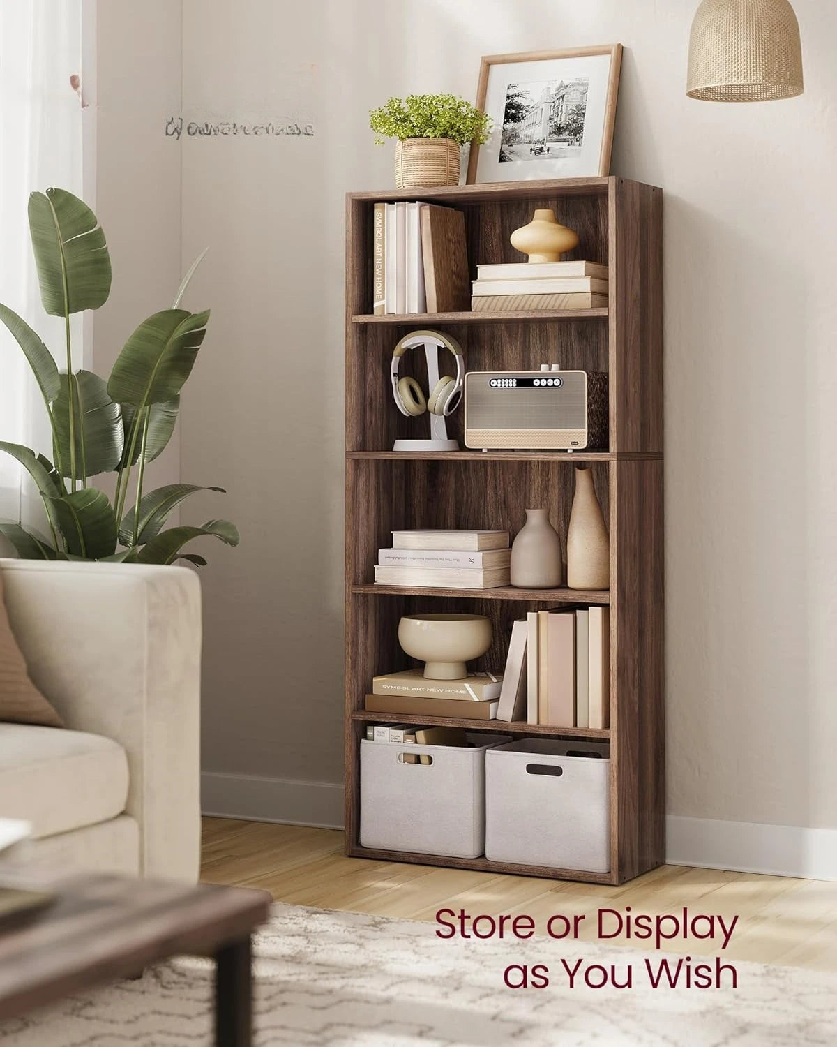 Minimalist 5-Tier Wood Bookcase for Living Room and Home Office