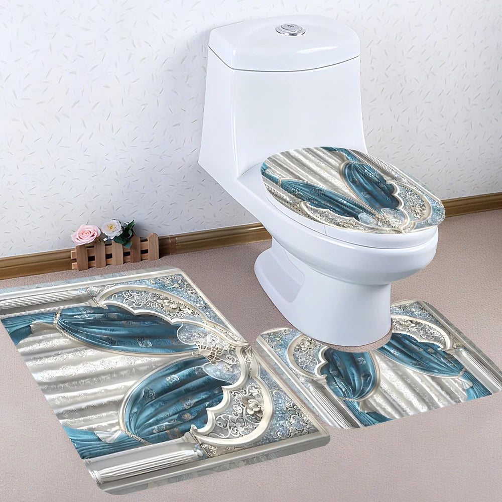 4pc Polyester Bath Curtain Set Striped 2D Printed Decor