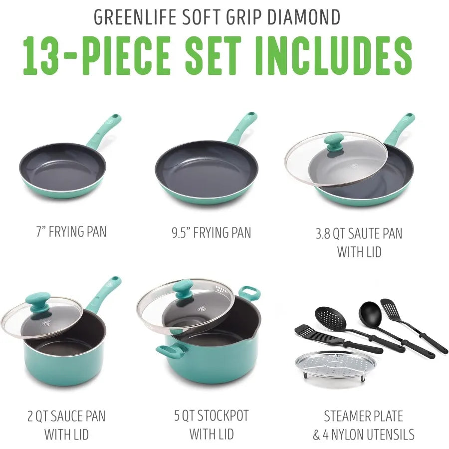 OLOEY Diamond Infused Ceramic Nonstick Cookware Set With Soft Grip