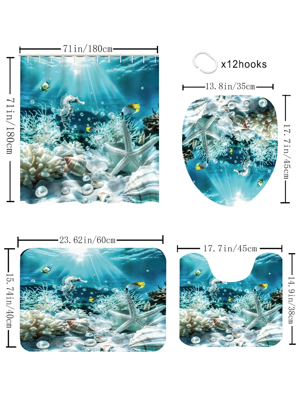 Ocean Bathroom Four Piece Set Waterproof Shower Curtain Kit