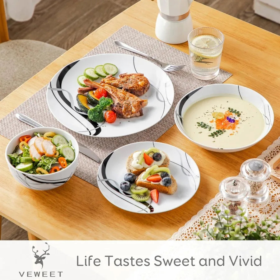 Porcelain Dinnerware Set 24 Pieces Plates and Bowls Ribbon Lines