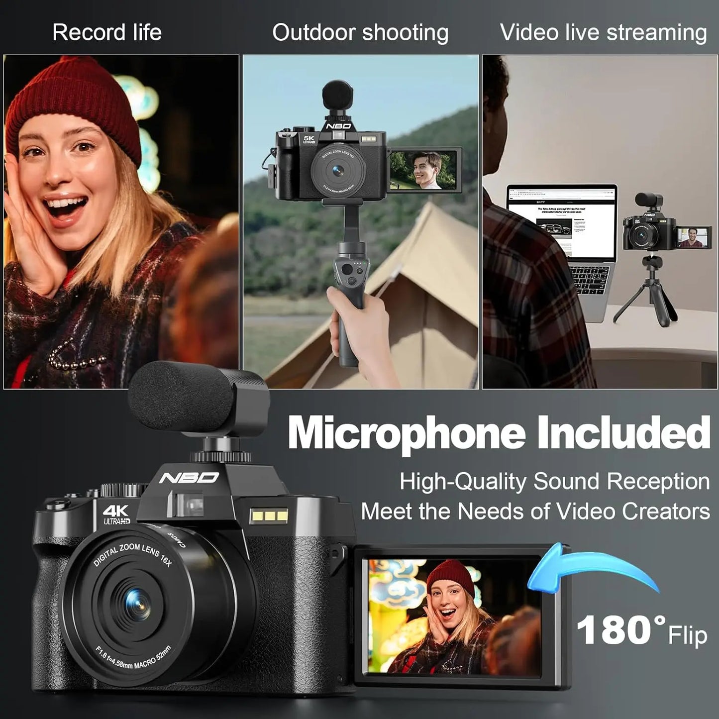 NBD 4K Digital Camera for Photography and Travel Macro Lens