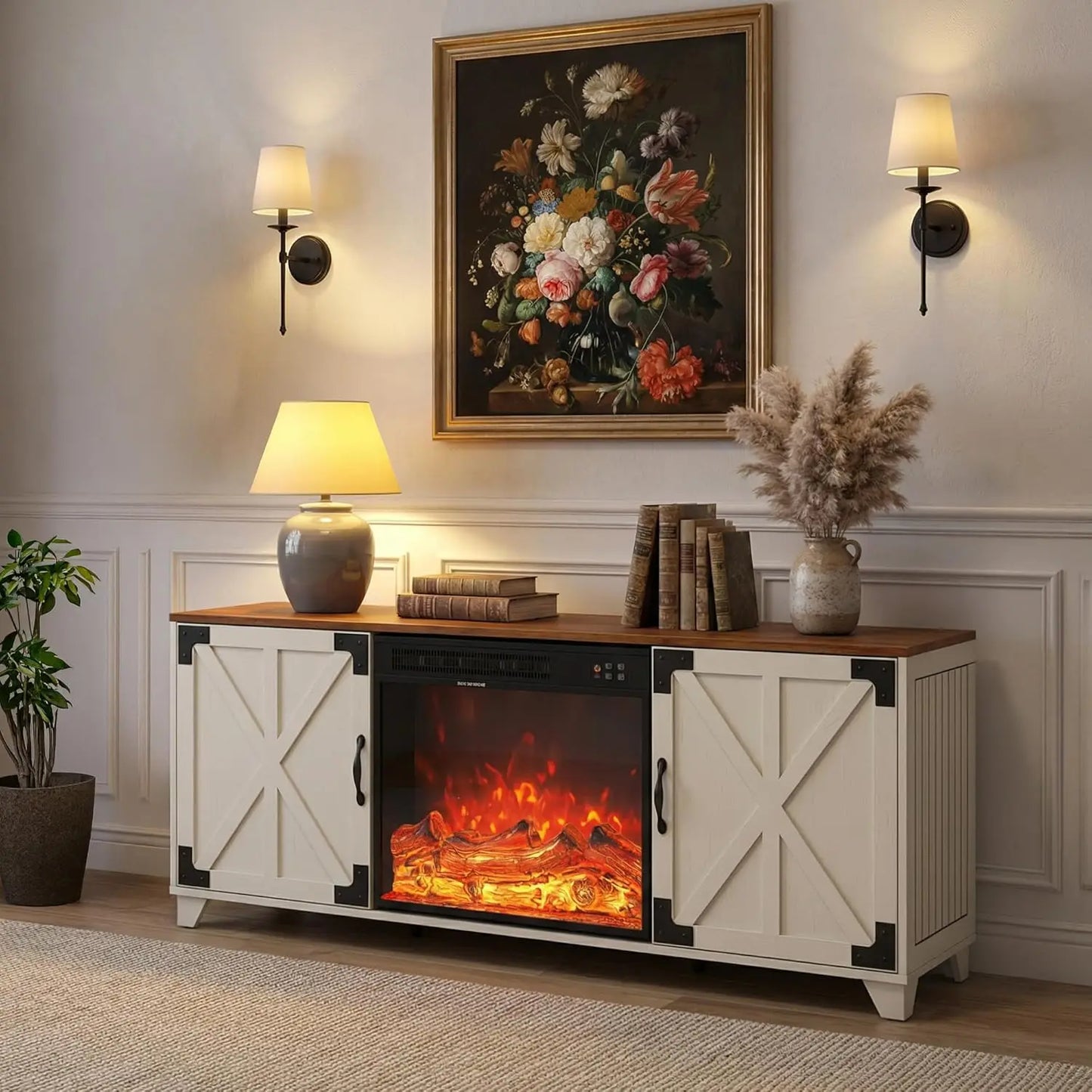 Farmhouse Modern Fireplace TV Stand With Built-In Electric Fireplace