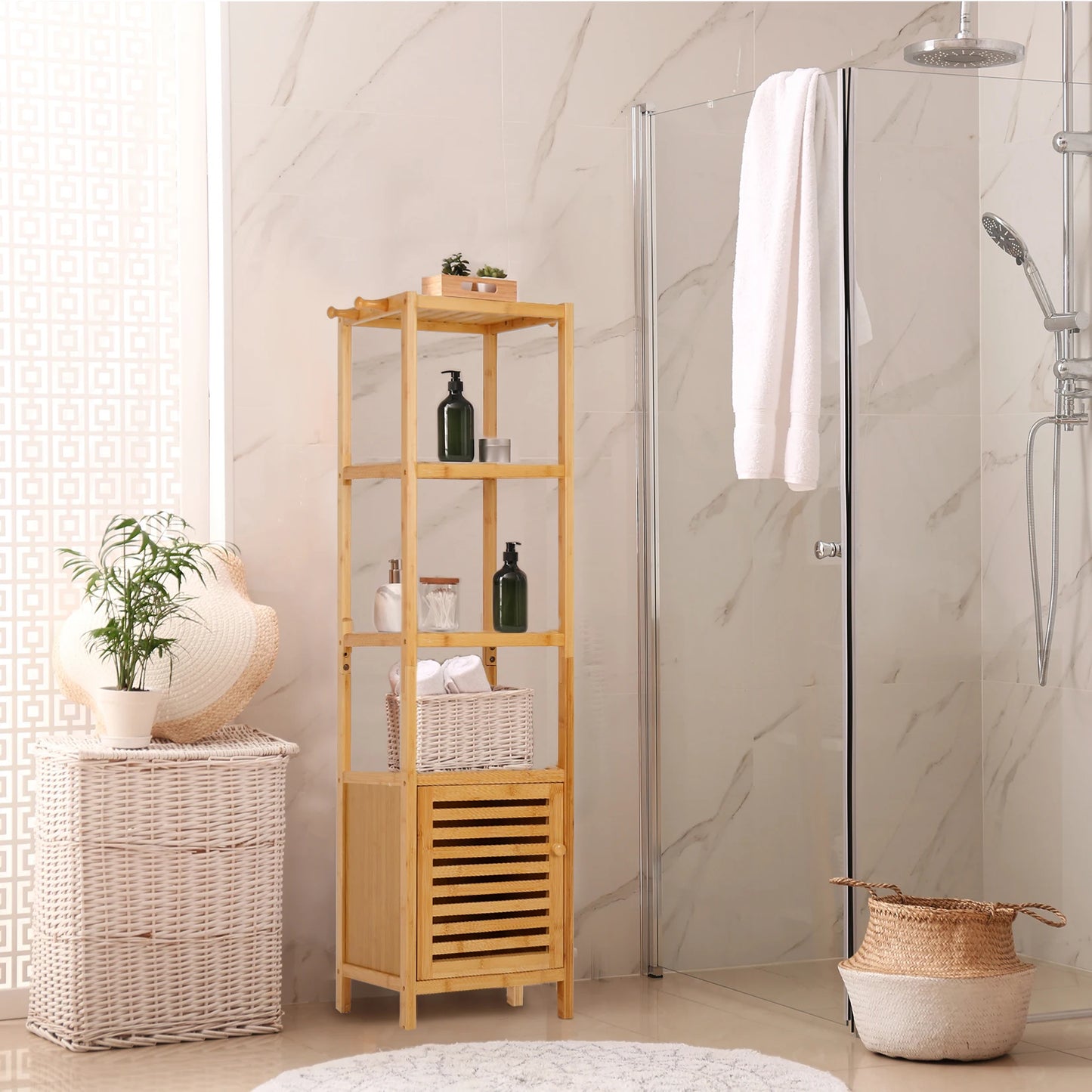 Bamboo Freestanding Bathroom Cabinet Storage Slim Corner Shelf