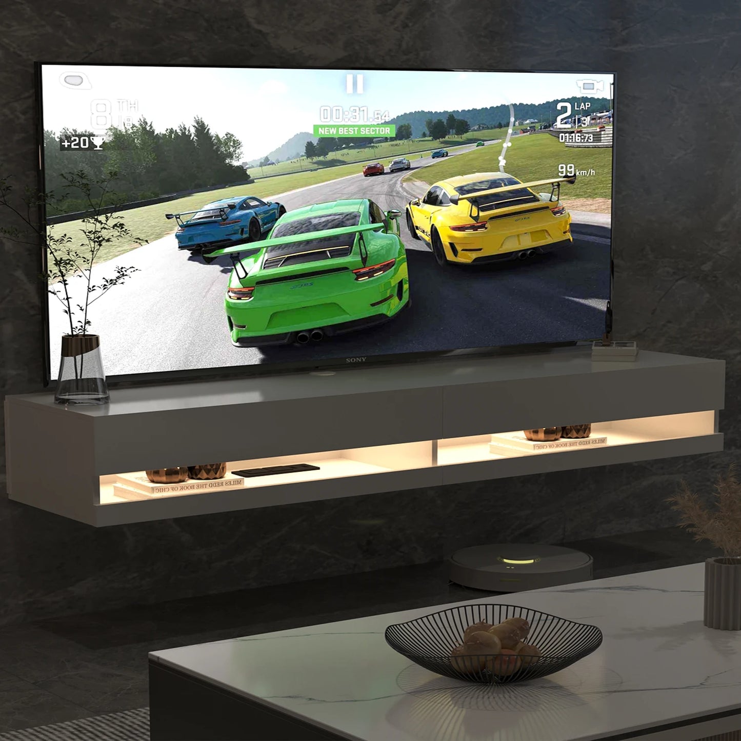 QiaoShiRen Floating Wall Mounted TV Stand With Power Outlets LED
