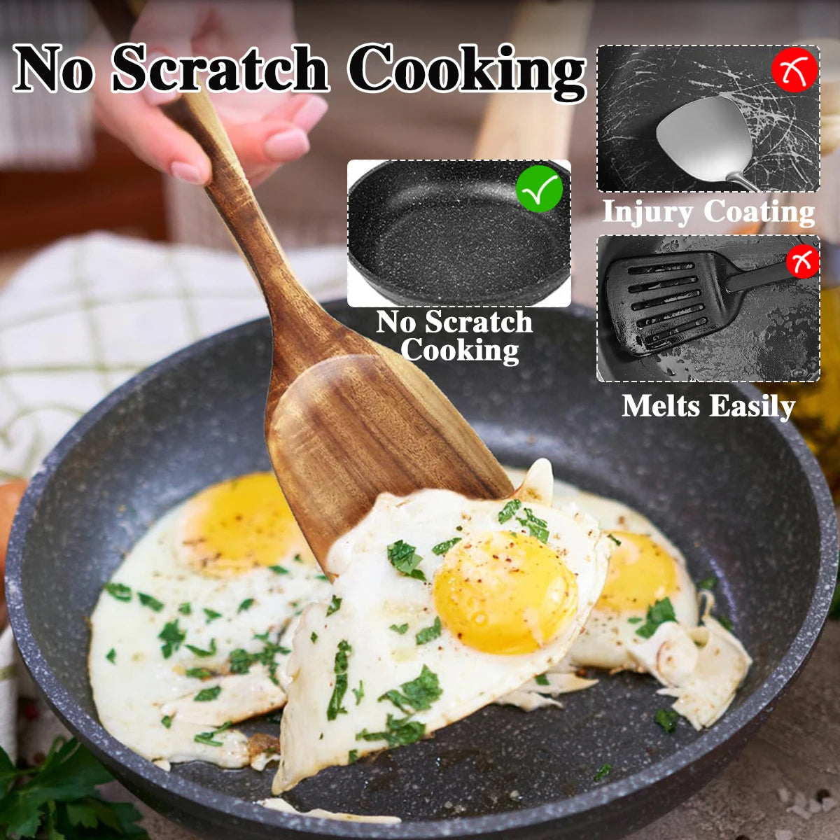 10 Piece Wooden Kitchen Utensils Set For Cooking And Stirring