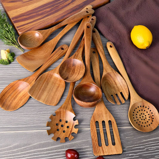 10 Piece Wooden Kitchen Utensils Set For Cooking And Stirring