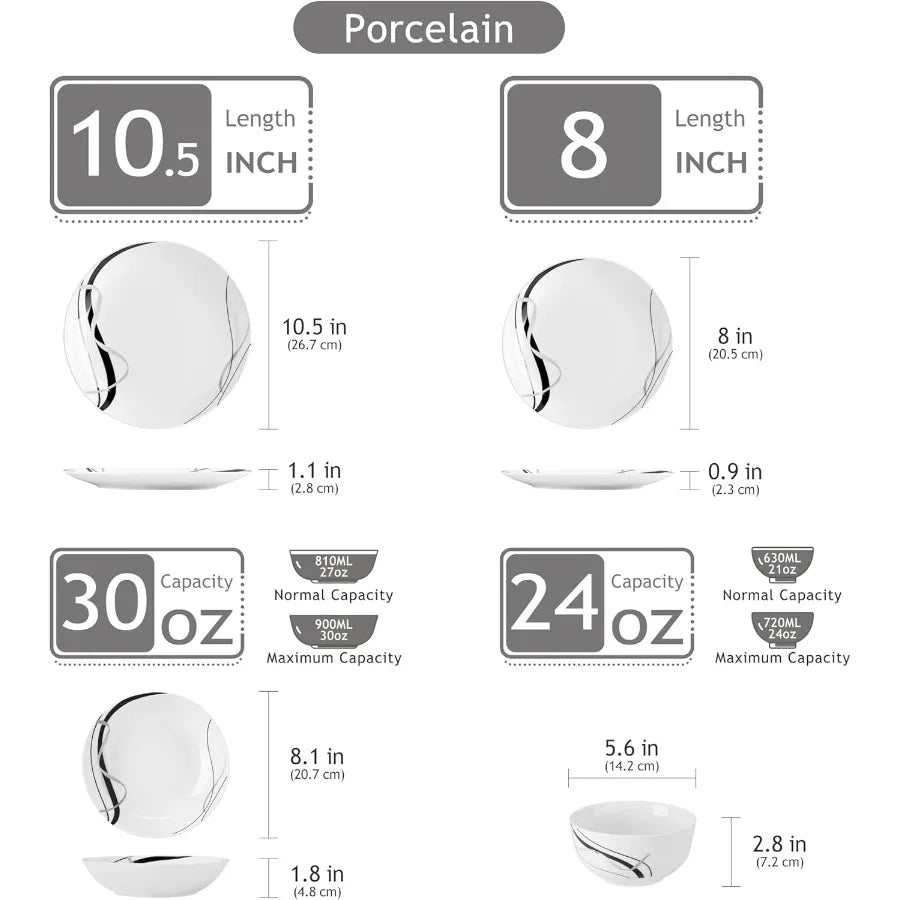 Porcelain Dinnerware Set 24 Pieces Plates and Bowls Ribbon Lines