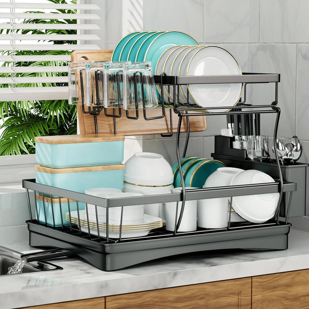 Two-Tier Dish Drying Rack For Kitchen Countertop, Removable