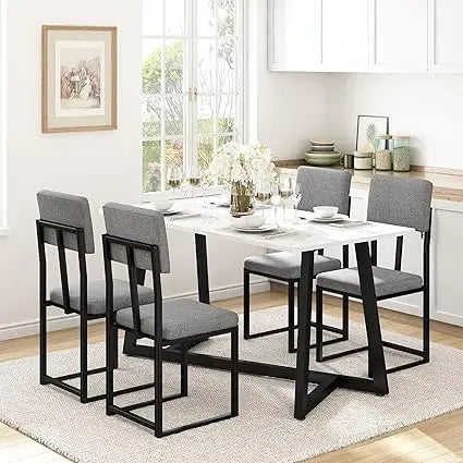 5-Piece Dining Set Faux Marble Table With Linen Upholstered Chairs