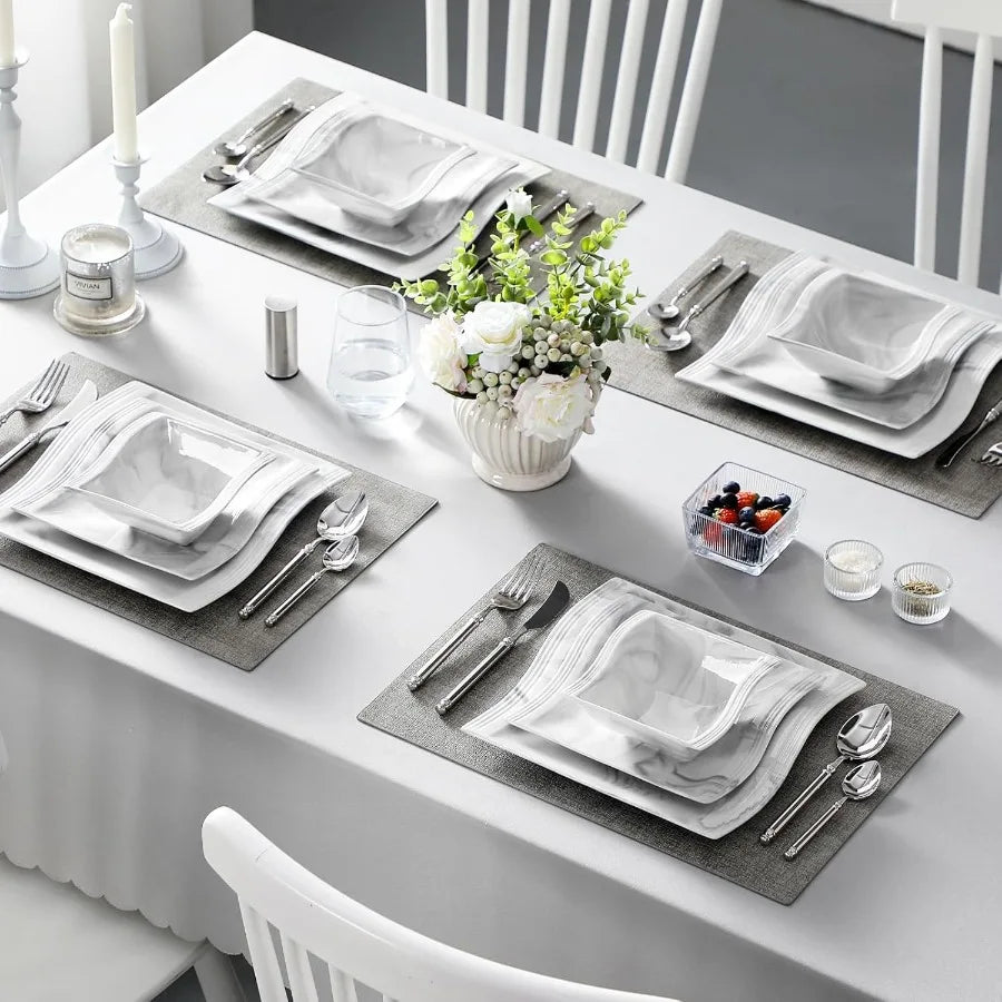 Porcelain Plates And Bowls Set 12-Piece For Four Microwave-Dishwasher Safe