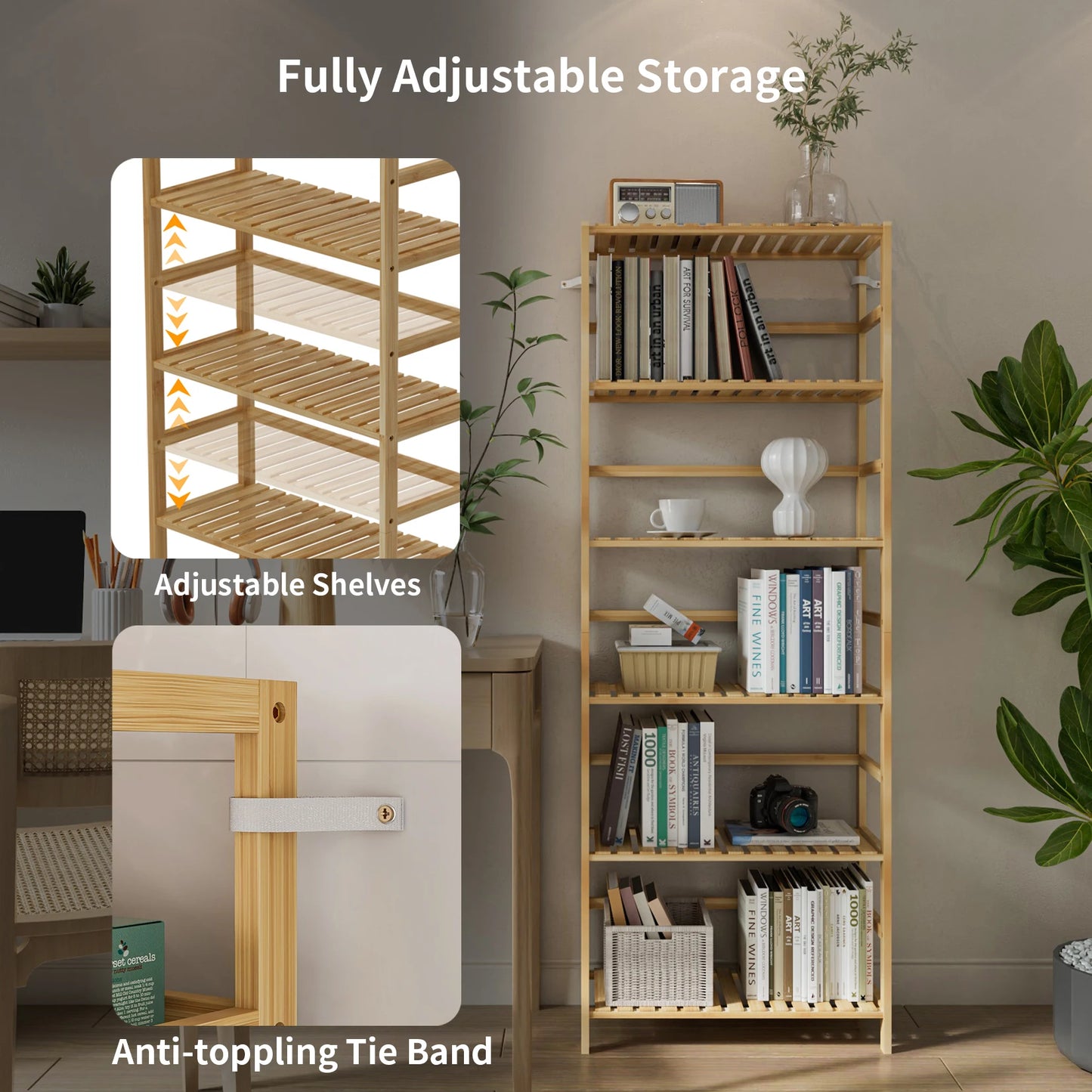 Bamboo 6 Tier Storage Rack Shelving Unit For Home Organization