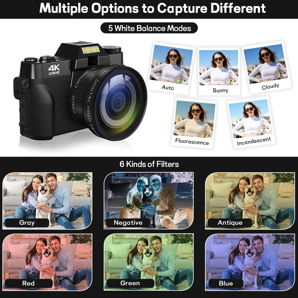 Gavonde 4K WiFi Compact Digital Camera Camcorder With Flip Screen