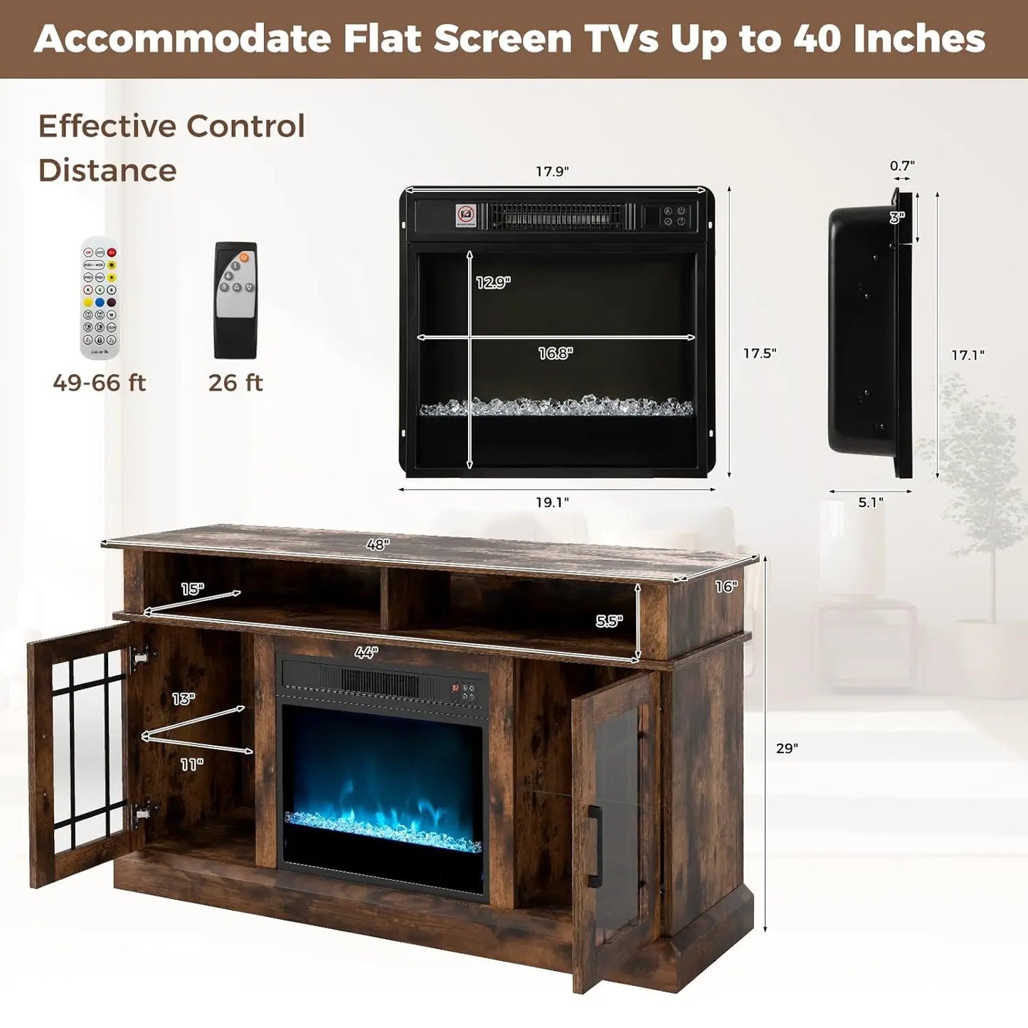 Rustic Electric Fireplace TV Stand With LED Lights And Remote