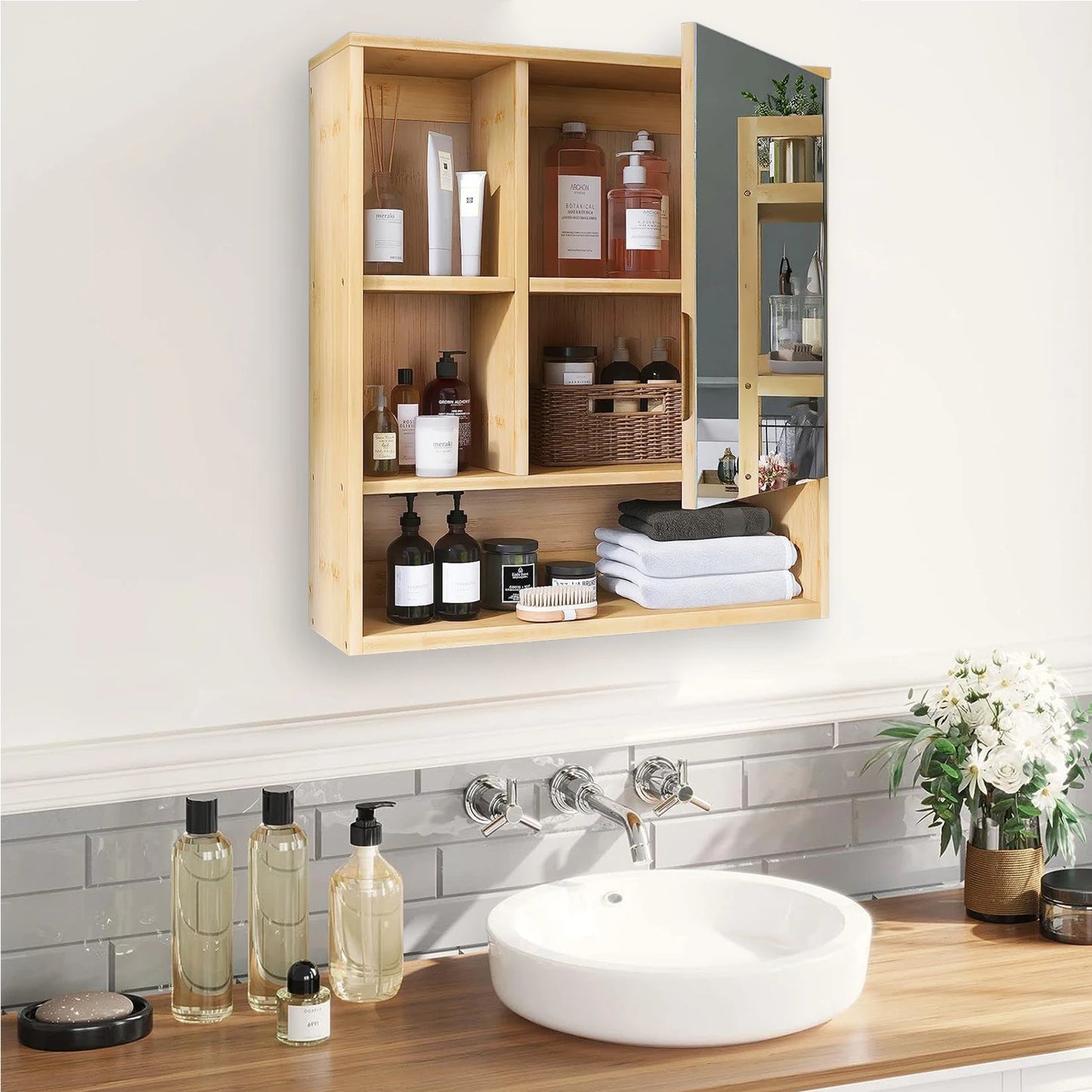 Wisfor Wall Medicine Cabinet Bamboo Bathroom Storage With Mirror