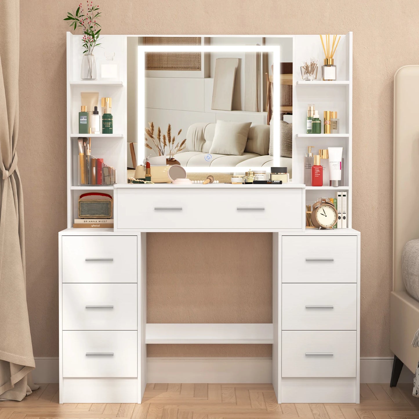 General Use Luxe Natural Wood Vanity With Illuminated Mirror