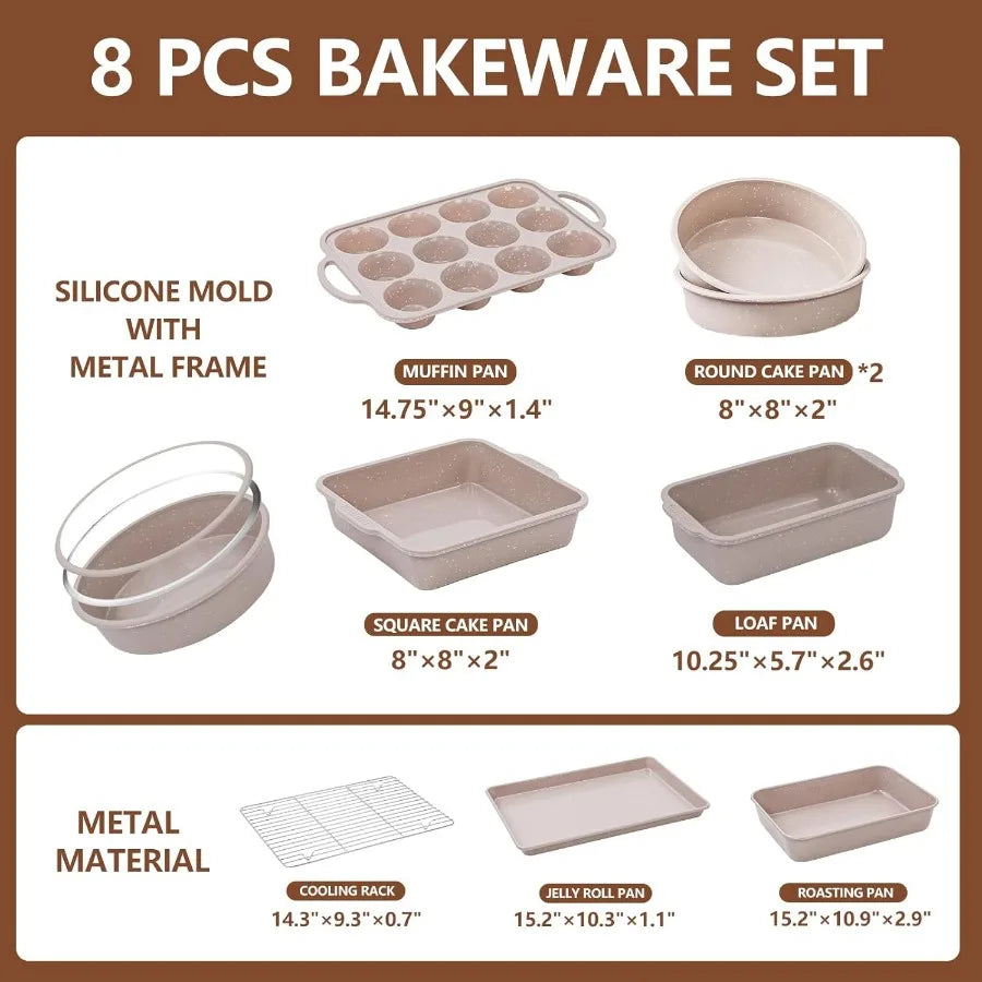8-Piece Nonstick Bake Pans Set With Silicone Muffin Loaf Pans