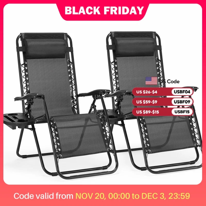 JHK Zero Gravity Set Of 2 Portable Recliner Lounge Chairs With Cup Holder Trays