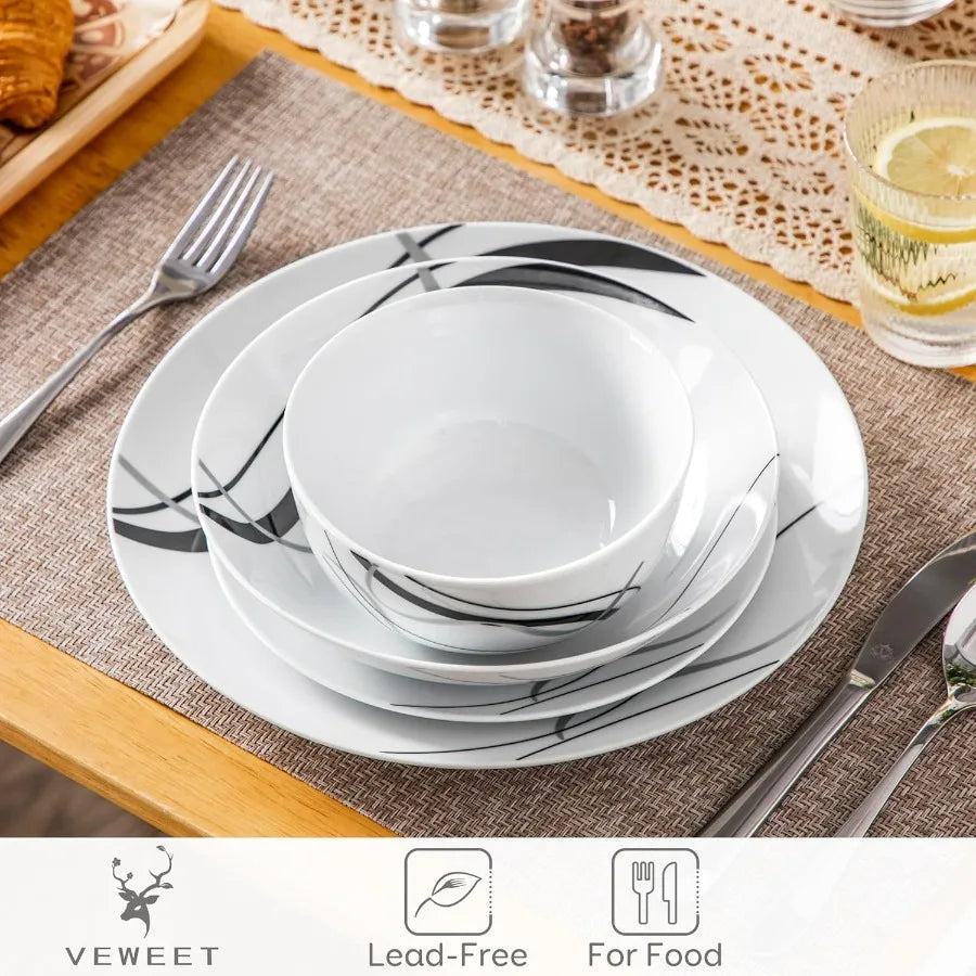 Porcelain Dinnerware Set 24 Pieces Plates and Bowls Ribbon Lines