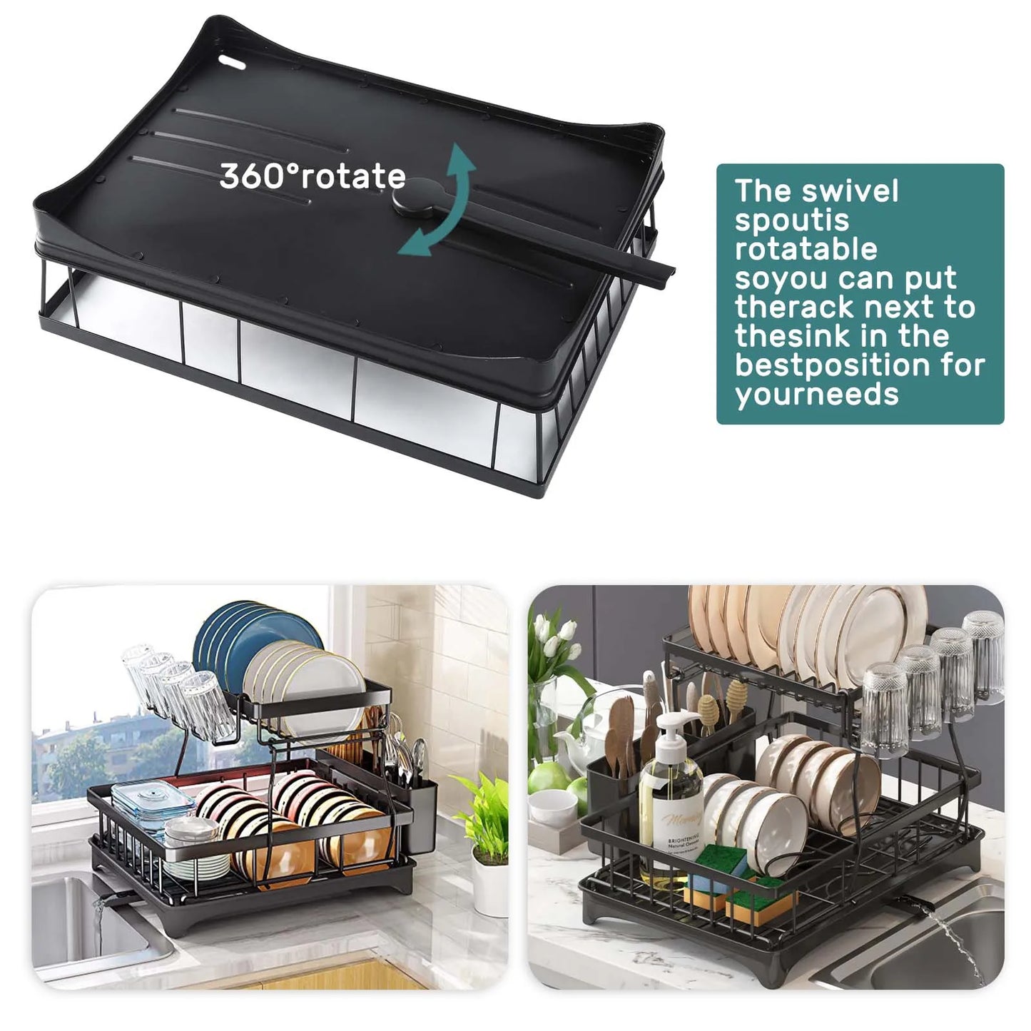 Two-Tier Dish Drying Rack For Kitchen Countertop, Removable