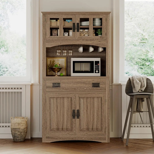 Farmhouse Tableware Cabinet With Power Socket And Microwave Rack For Kitchen