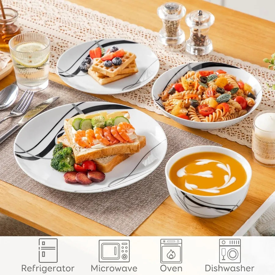 Porcelain Dinnerware Set 24 Pieces Plates and Bowls Ribbon Lines