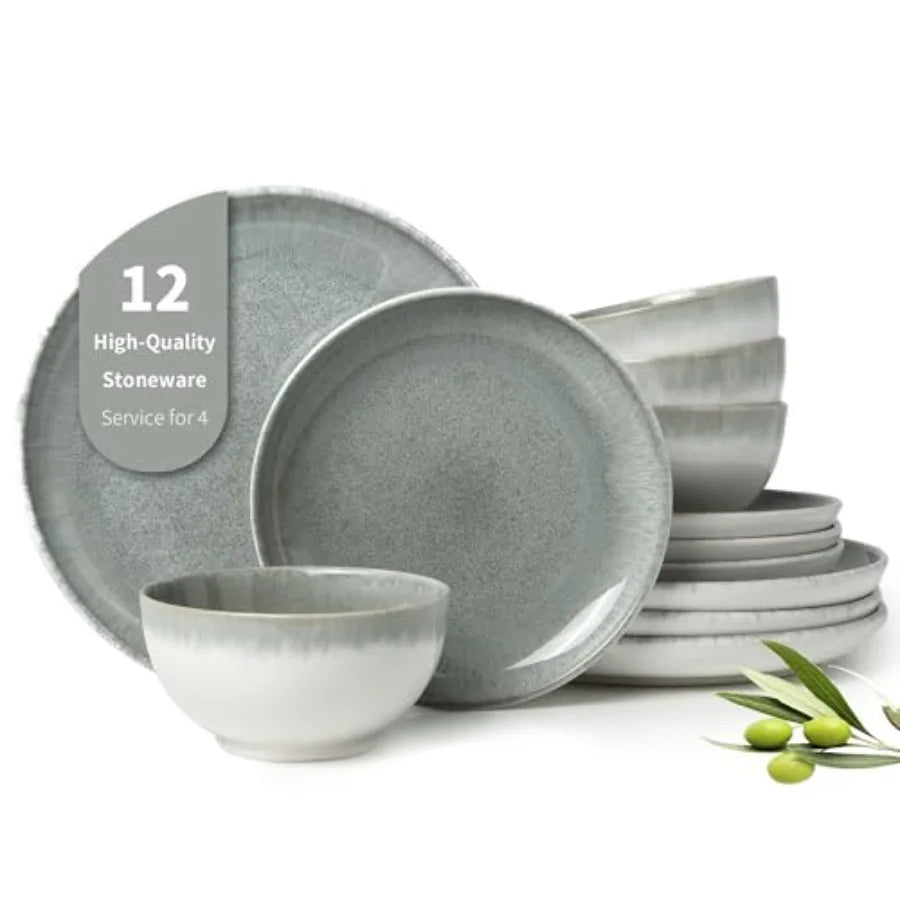 Gradient Green Stoneware Dinnerware Set 12 Piece Handmade Ceramic